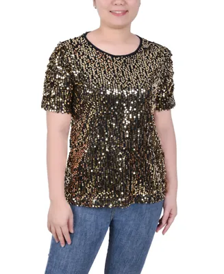 Ny Collection Petite Short Sleeve Sequined Top