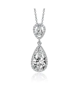 Genevive Sterling Silver with White Gold Plated Two Clear Pear Round Cubic Zirconia Halo Pendant