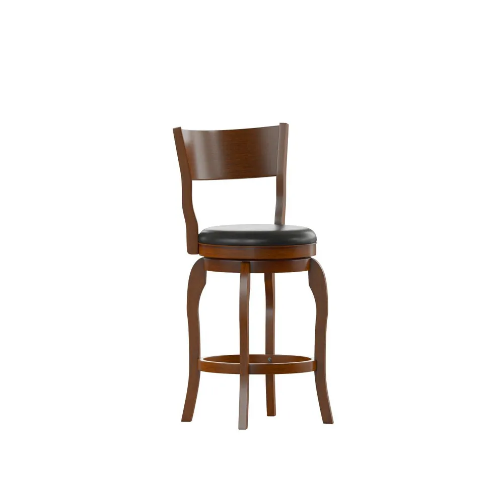 Tally 24" Classic Wooden Open Back Swivel Counter Height Pub Stool With Upholstered Padded Seat And Integrated Footrest