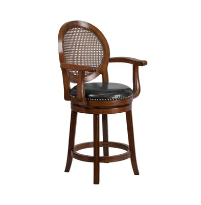 Mathieu Swivel Stool With Oval Rattan Back, Arms And Upholstered Swivel Seat