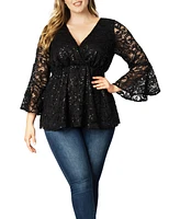 Women's Plus Sequin Sparkle Bell Sleeve Lace Top