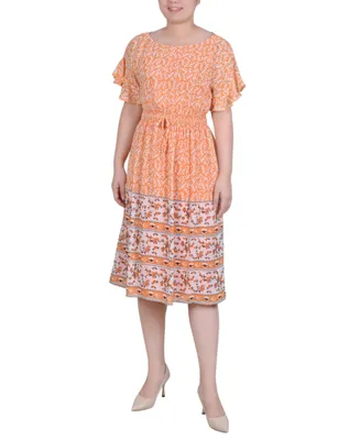Ny Collection Petite Flutter Sleeve Border Print Chiffon Dress
