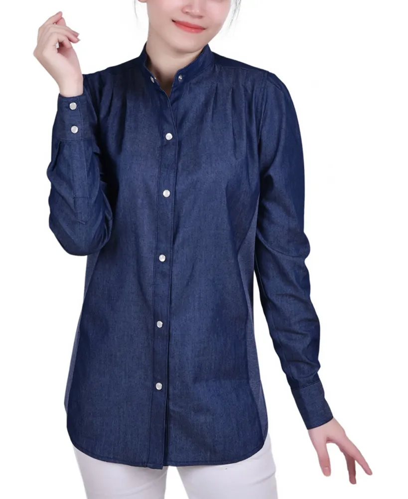 Ny Collection Petite Long Sleeve Chambray Blouse