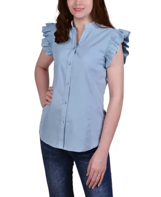 Ny Collection Petite Ruffle Flange Chambray Blouse