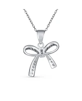 Bling Jewelry Dainty Clear Cubic Zirconia Pave Cz Station Holiday Present Ribbon Bow Pendant Necklace For Women For Sterling Silver