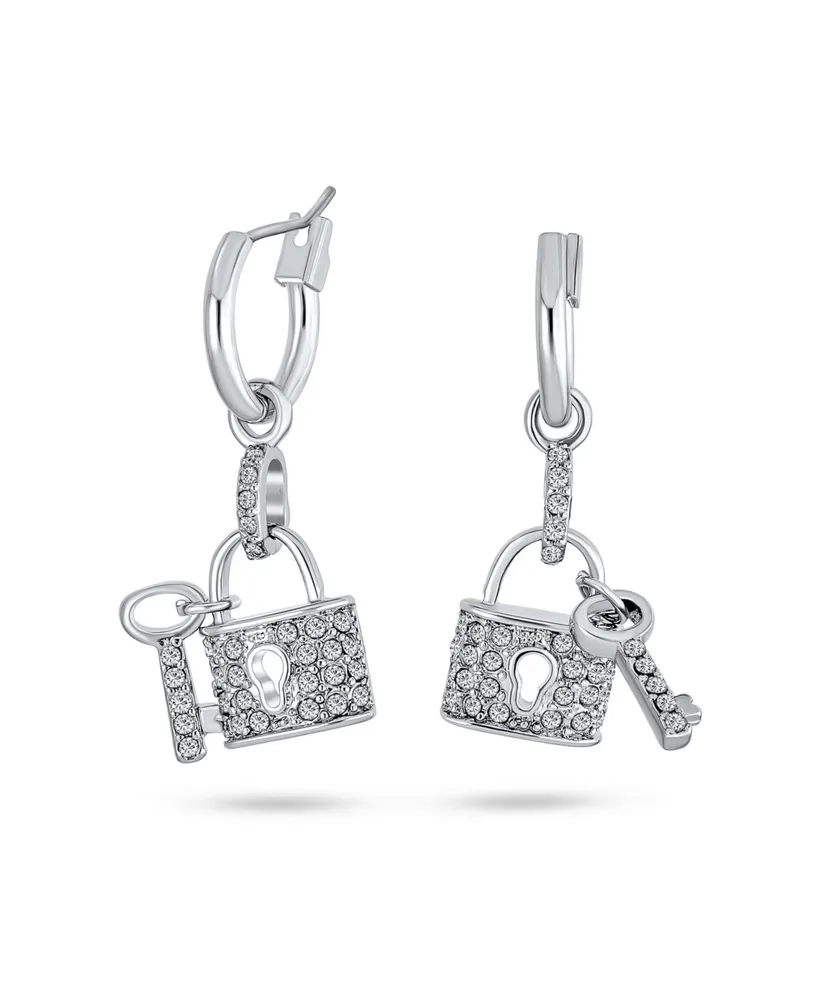 Pave Crystal Lock And Key Charm Dangle Earrings For Women Girlfriend Couples Rhodium Plated Brass