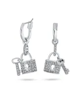 Pave Crystal Lock And Key Charm Dangle Earrings For Women Girlfriend Couples Rhodium Plated Brass