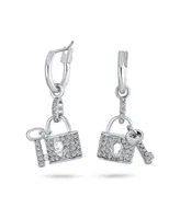 Bling Jewelry Pave Crystal Lock And Key Charm Dangle Earrings For Women Couples Rhodium Plated Brass