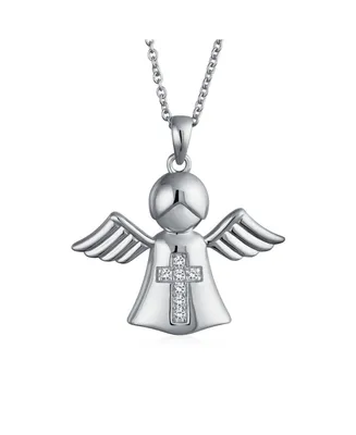 Tiny Petite Cz Accent Cross Protection Guardian Angel Pendant Necklace For Teen Women .925 Sterling Silver