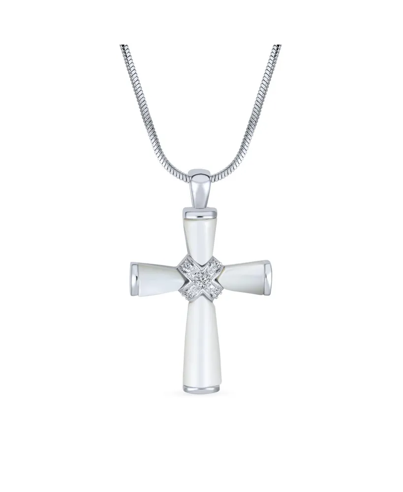 Bling Jewelry Religious Mother Of Pearl Mop Cross Pendant Necklace For Women For Rhodium Plated Brass Snake Chain Included