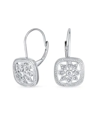 Bling Jewelry Square Art Deco Style Holiday Party Flower Christmas Winter Aaa Cubic Zirconia Encrusted Cz Snowflake Drop Lever Back Earrings Sterling