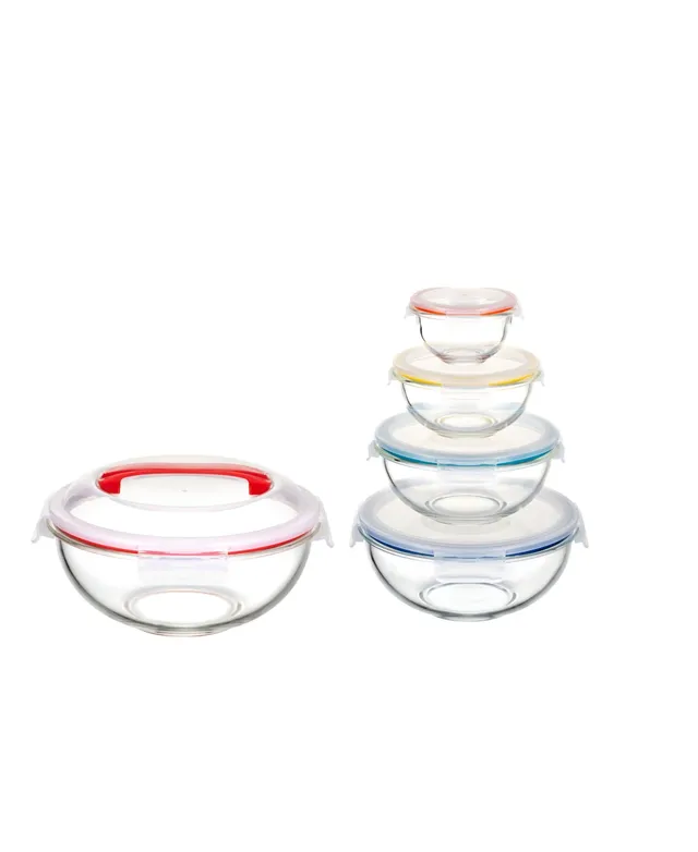Genicook 5 PC Container Nesting Borosilicate Glass Mixing Bowl Set with Locking Lids and Carry Handle - Multicolor