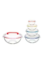 Genicook 5 Pc Container Nesting Borosilicate Glass Mixing Bowl Set with Locking Lids and Carry Handle