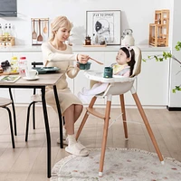 Baby High Chair Wooden Feeding with 4-Gear Tray & Removable Cushion