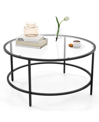Costway 36'' Round Coffee Table Tempered Glass Tabletop Metal Frame Living Room
