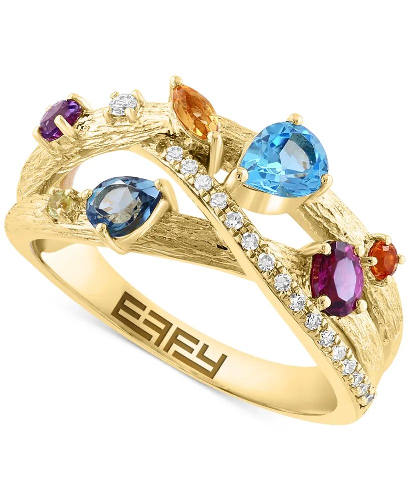 Effy Multi-Gemstone (1-1/10 ct. t.w.) & Diamond (1/10 ct. t.w.) Crossover Ring in 14k Gold