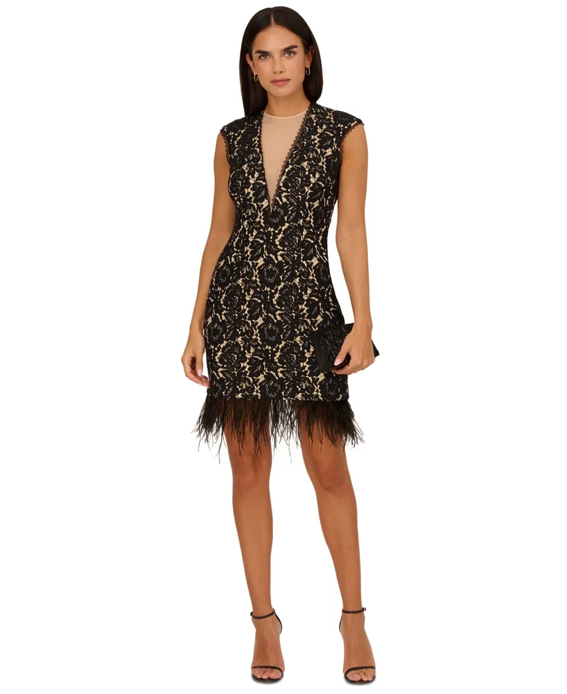 Aidan By Adrianna Papell Adrianna by Papell Women's Feather-Trim Sheath  Lace Dress