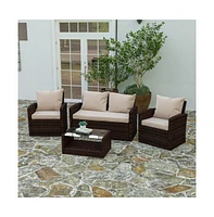 Atlas 4 Piece Patio Set Contemporary Loveseat, 2 Chair And Coffee Table With Back Pillows Seat Cushions