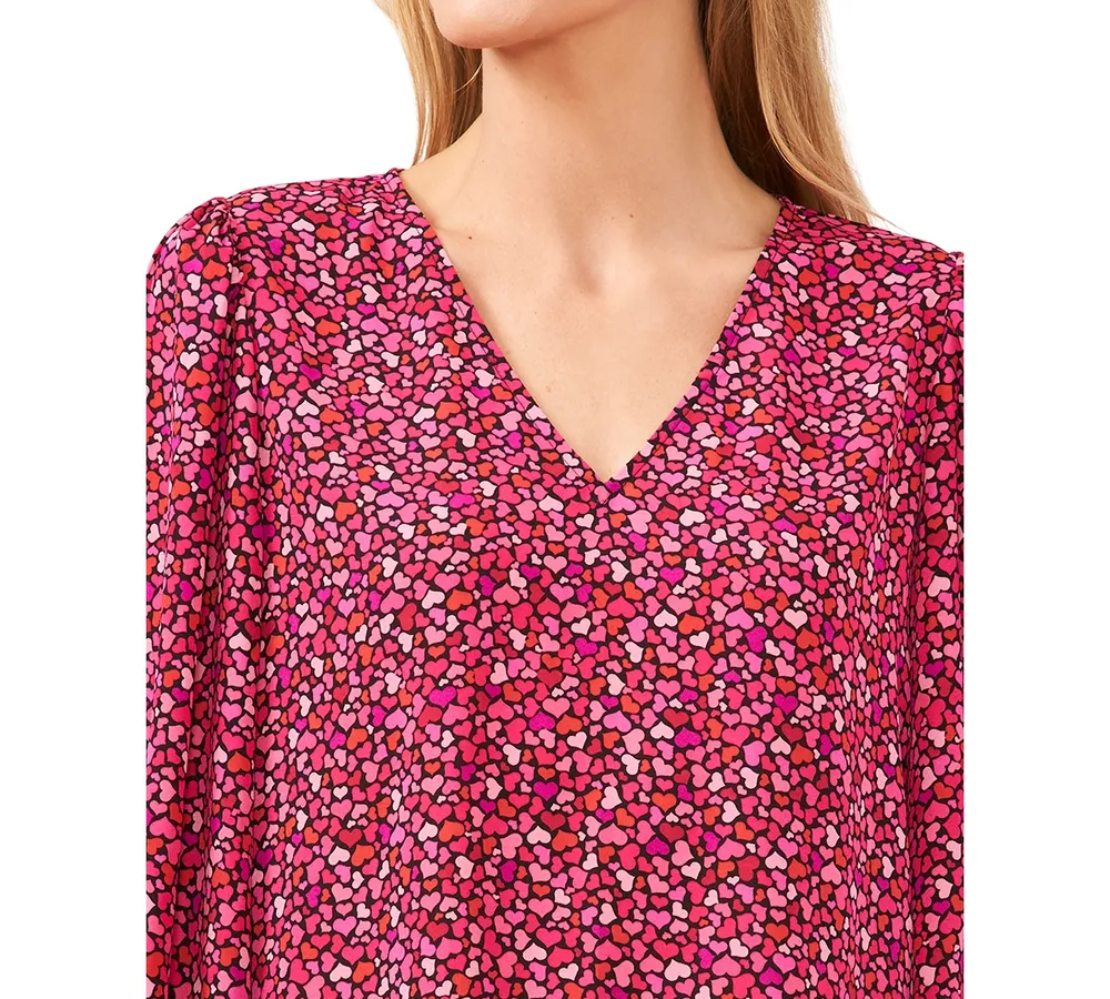 CeCe Women's Printed Long-Sleeve Smocked-Cuff Blouse