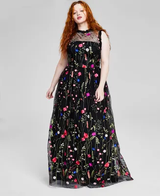 City Studios Trendy Plus Ruffle-Trim Embroidered Gown, Created for Macy's