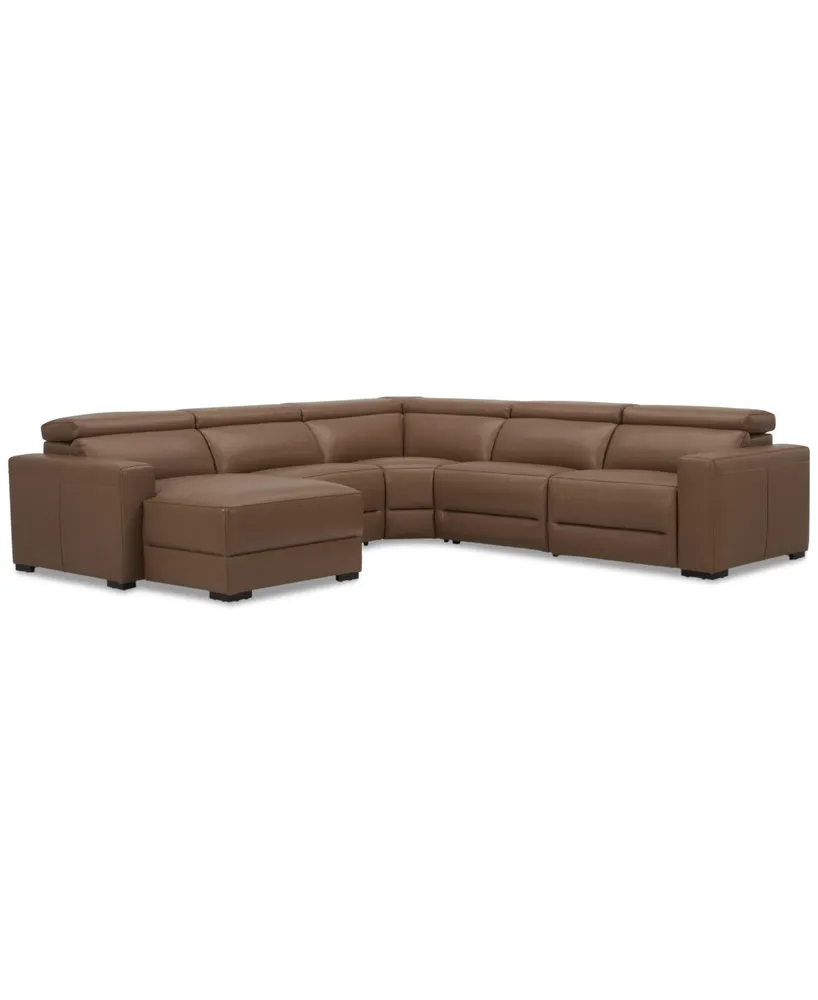 Nevio 124" 5-Pc. Leather Sectional with 1 Power Recliner, Headrests and Chaise, Created For Macy's