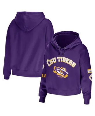 Women's Wear by Erin Andrews Purple Lsu Tigers Mixed Media Cropped Pullover Hoodie