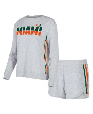 Women's Concepts Sport Gray Miami Hurricanes Cedar Tri-Blend Long Sleeve T-shirt and Shorts Sleep Set