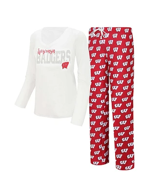 Women's Concepts Sport White, Red Wisconsin Badgers Long Sleeve V-Neck T-shirt and Gauge Pants Sleep Set