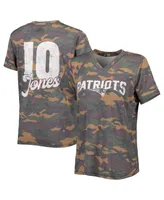 Women's Majestic Threads Mac Jones Camo Distressed New England Patriots Name and Number V-Neck T-shirt