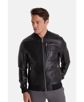 Men's Genuine Leather Bomber Jacket, Black