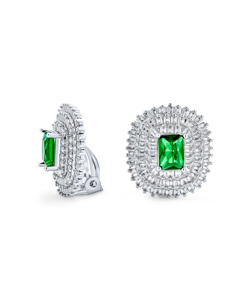 Bling Jewelry Classic Holiday Party Emerald Cut Green Cubic Zirconia Triple Row Baguette Halo Cz Stud Clip On Earrings Non Pierced Ear