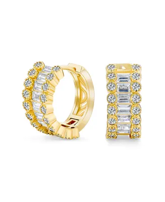 Bling Jewelry Cz Emerald Cut Bezel Set Milgrain Edge Cubic Zirconia Mini Hoop Huggie Earrings Gold Plated 0.5 Inch Diameter