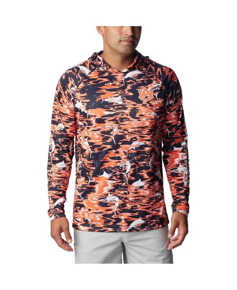 Men's Columbia Navy Auburn Tigers Pfg Terminal Tackle Omni-Shade Rippled Long Sleeve Hooded T-shirt
