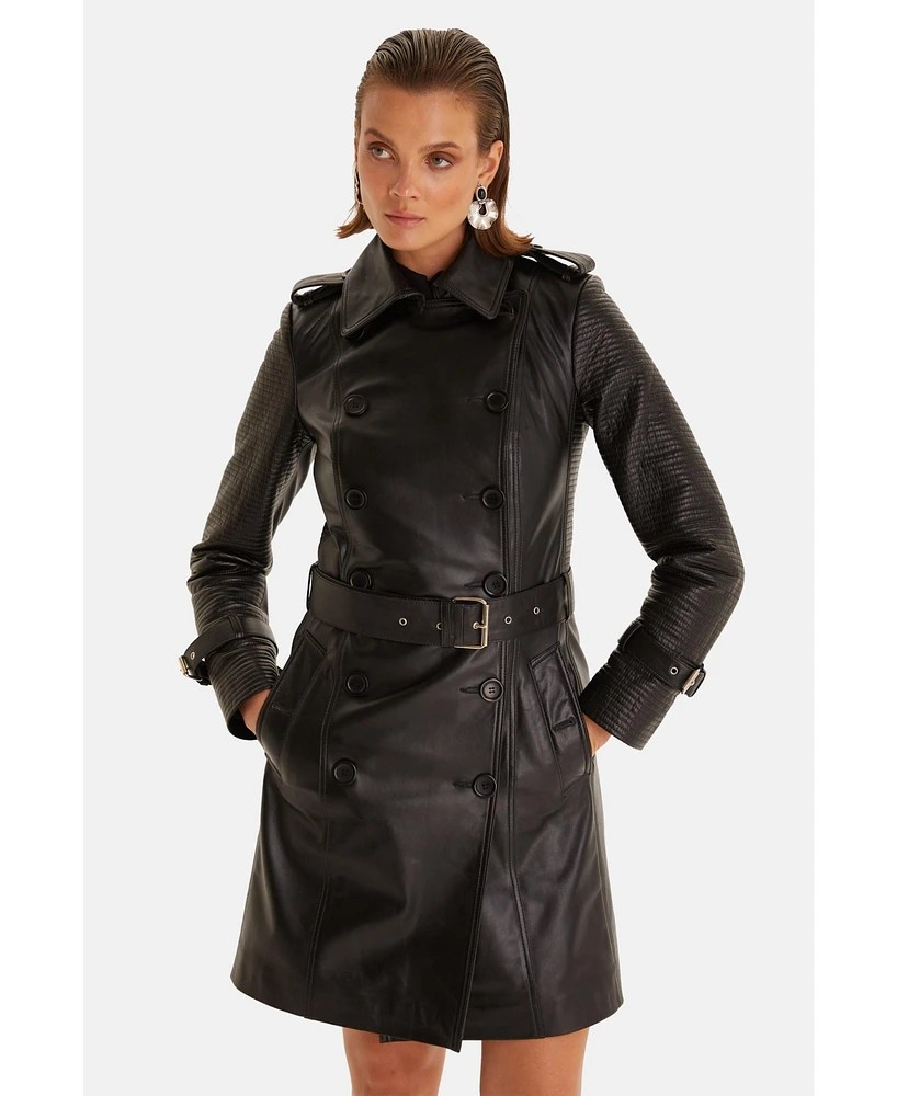 Genuine Leather Trench Coat, Black