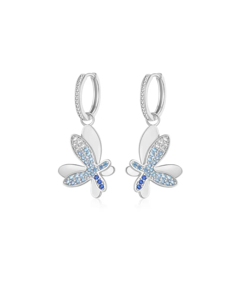 Pave Butterfly Dangle Drop Hoop Earrings