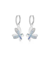 Pave Butterfly Dangle Drop Hoop Earrings