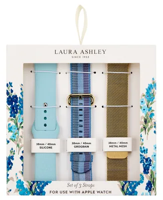 Laura Ashley Women's Gold-Tone Mesh, Blue Grosgrain and Blue Silicone Strap Sets Compatible with Apple Watch 38mm, 40mm, 41mm