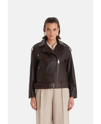 Furniq Uk Women's Genuine Leather Belted Biker Jacket,Nappa Brown