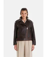 Furniq Uk Women's Genuine Leather Belted Biker Jacket,Nappa Brown