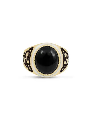 LuvMyJewelry Black Onyx Gemstone Yellow Gold Plated and Enamel Sterling Silver Men Signet Ring