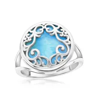 Sterling Silver Round Larimar Filigree Design Ring