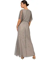 Papell Studio Women's Beaded Flutter-Sleeve Gown