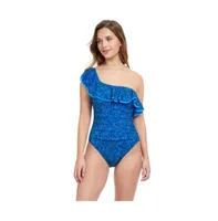 Womens Mehndi One Shoulder Ruffle One Piece Swimsuit