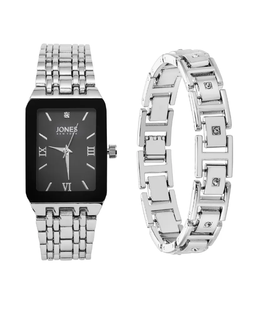 Jones New York Men's Analog Shiny Silver-Tone Metal Watch 31mm Bracelet Gift Set