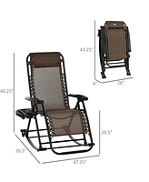 Outsunny Zero Gravity Reclining Rocking Chair, Lounge Rocker, Folding, Pillow, Side Tray, Cup and Phone Holder, Brown