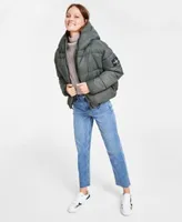 Calvin Klein Jeans Womens Cropped Hooded Puffer Jacket Patched Mock Neck Sweater Straight Leg Ankle Jeans