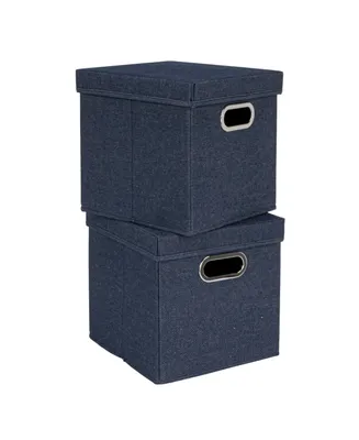 Household Essentials Collapsible Cotton Blend Cube Storage Box with Lid and Metal Grommet Handle, Set of 2