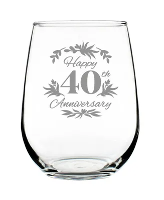 Bevvee Happy 40th Anniversary Floral 40th Anniversary Gifts Stem Less Wine Glass, 17 oz