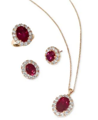 Effy Lab Grown Ruby Lab Grown Diamond Halo Ring Pendant Necklace Stud Earrings Collection In 14k Gold