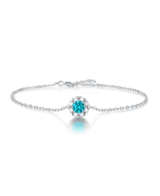Sterling Silver White Gold Plated with 0.50ctw Lab Created Moissanite & Blue Topaz Round Halo Adjustable Station Charm Bracelet